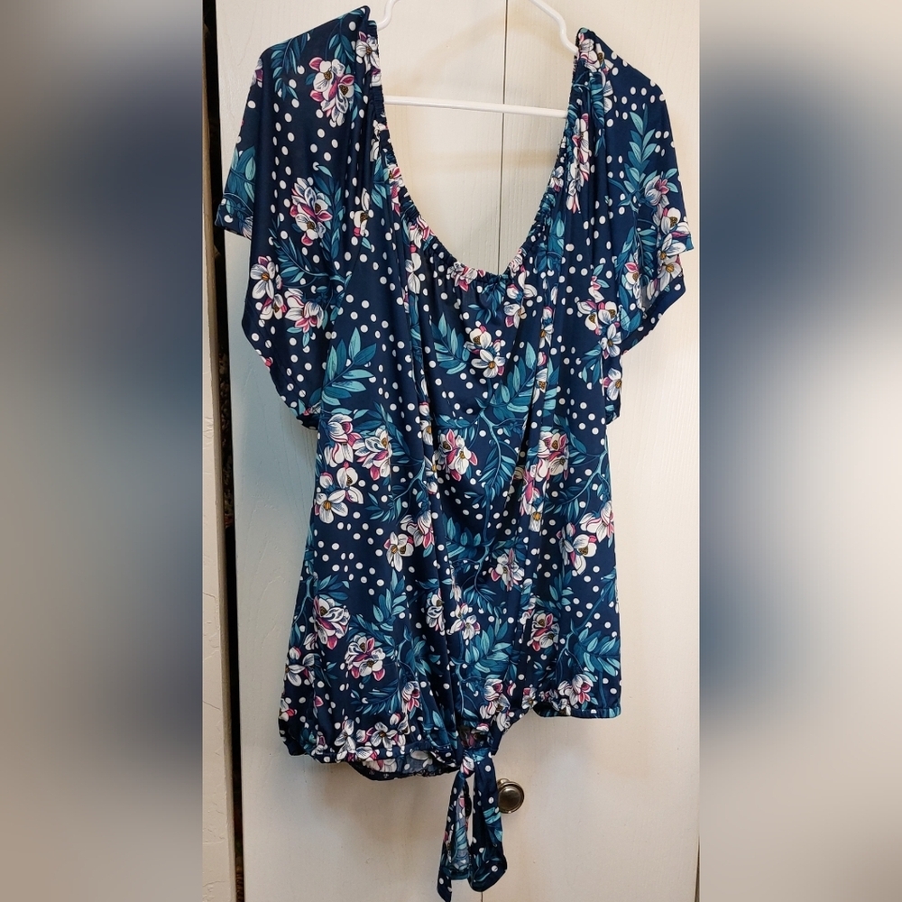Stem & Vine Blue Floral Round Neck Top Size 3X Colorful Boho Office
